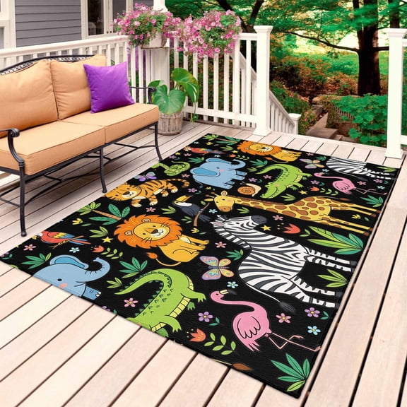Cartoon Animals Outdoor Rug 5x8 Ft, Non Slip Washable Area Rug, Cute Funny Botanical Zebra Giraffe Black Patio Rugs Carpet Runner, Large Floor Mat for Indoor/Outdoor Deck Porch Camping