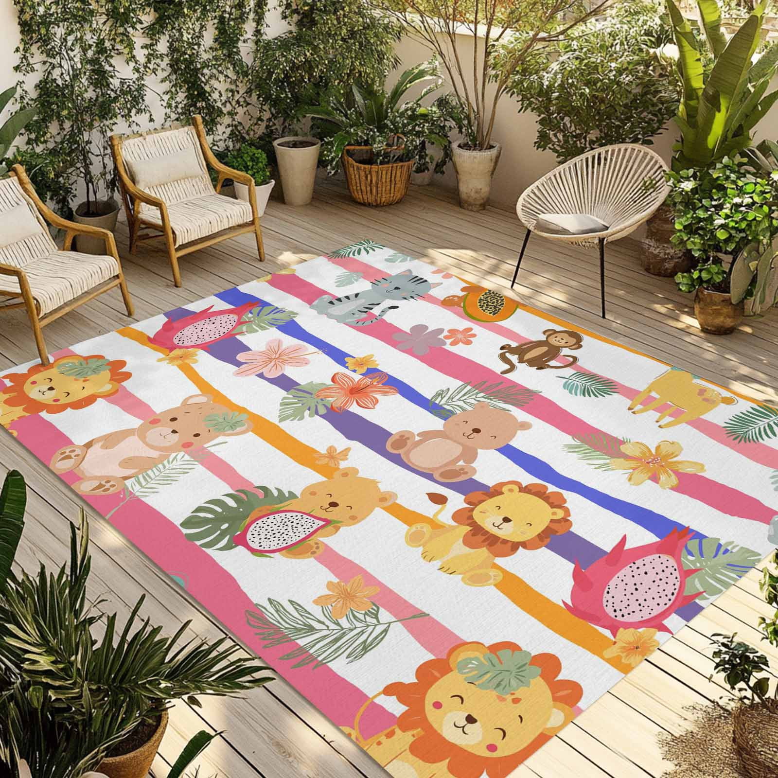 Cartoon Animals Outdoor Rug for Patio/Deck/Porch, Non-Slip Large Area ...