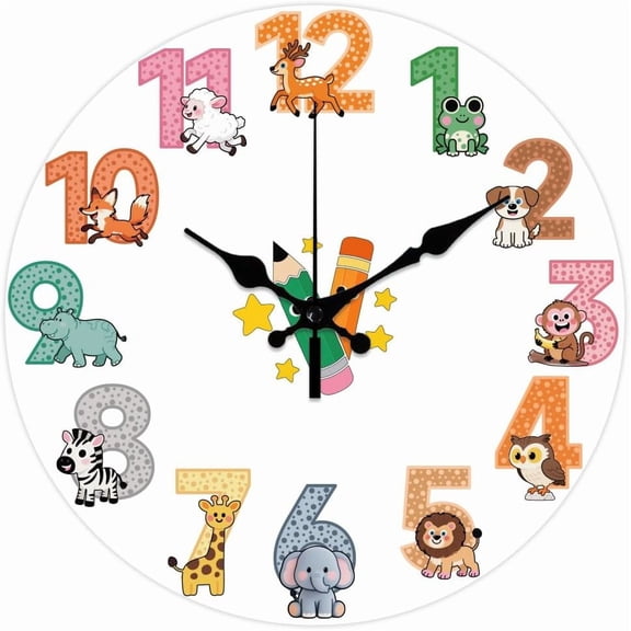 Cartoon Animals Pattern Wall Clock 12 Inch Non-Ticking Pen Pattern Clocks Round Wall Hanging Clock Battery Operated for Bedroom Living Room Kitchen Office Colorful