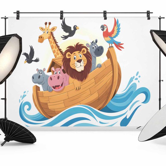 Cartoon Animals Photography Backdrop 10x8FT, Lion RescueBoat in Ocean Photo Backdrops, Background for Photography Studio Photo Studio Background, Back Drop for Photoshoot