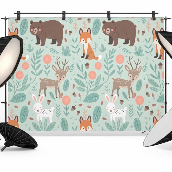 Cartoon Animals Photography Backdrop 7x5FT, Cute Foxes Rabbits Bears Flower Leaf Photo Backdrops, Background for Photography Studio Photo Studio Background, Back Drop for Photoshoot