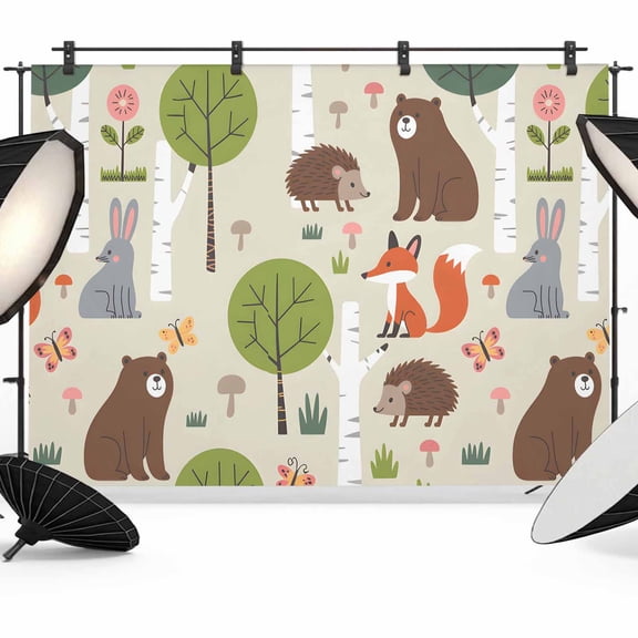 Cartoon Animals Photography Backdrop 8x6FT, Cute Cartoon Bear Fox Rabbit Hedgehog Animal Trees Grass Photo Backdrops, Background for Photography Studio, Back Drop for Photoshoot