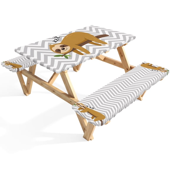 Cartoon Animals Picnic Table Cover with Bench Covers Brown Sleeping Lazy Sloths Grey Chevron Waterproof Fitted Picnic Tablecloth 3 Pieces Set Table Cloth for Outdoor Camping Garden BBQ