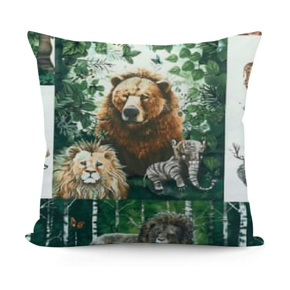 Cartoon Animals Pillow Covers,Buffalo Plaid Grid Throw Pillow Covers,Bear Fox Lion Decorative Pillow Covers,Jungle Woodland Animals Botanical Branches Cushion Covers