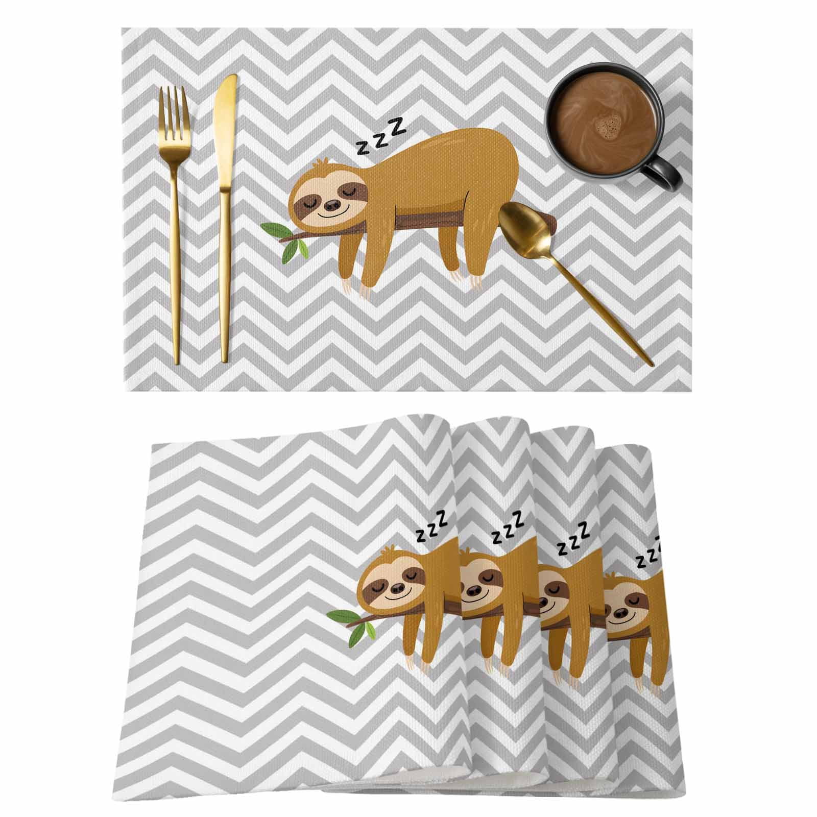 Cartoon Animals Placemats Set of 1 Brown Sleeping Lazy Sloths Grey ...