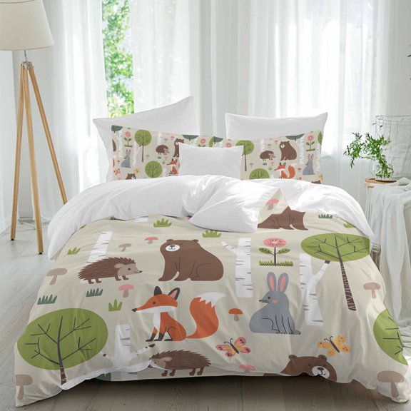 Cartoon Animals Queen Size Comforter Set, Cartoon Bear Fox Rabbit Hedgehog Animal Trees Grass Bedding for All Seasons, 4 Pcs Bed Set, 1Quiltcover (90"x92") ,1Sheet(94"x116"), 2Pillowcases (30"x20")