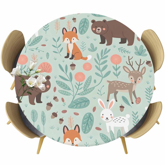Cartoon Animals Round Fitted Tablecloth with Elastic Edge, Cute Foxes Rabbits Bears Flower Leaf Stretch Table Covers for 55"-60" Tables Wipeable Table Cloth for Outdoor