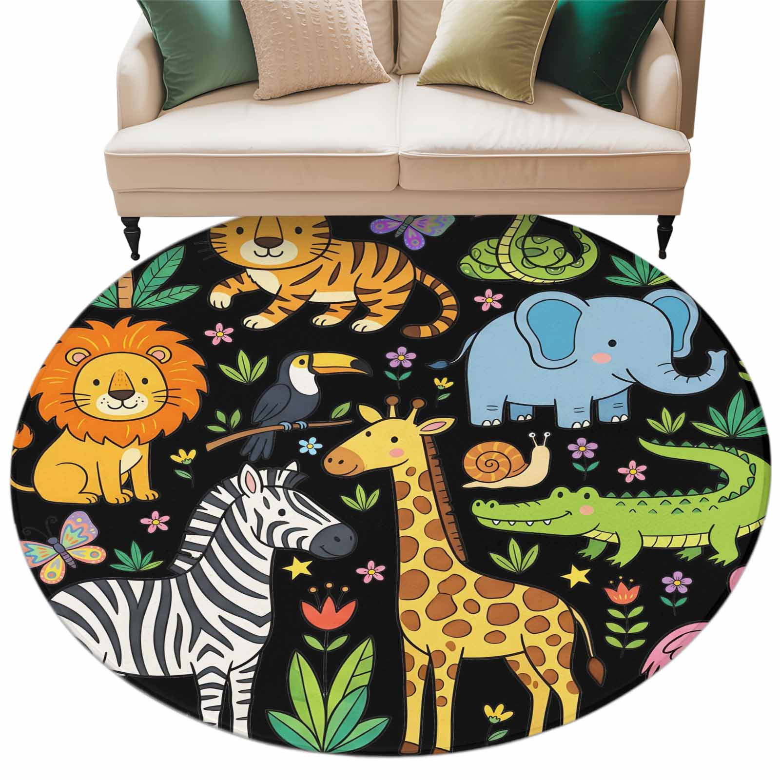 Cartoon Animals Round Rug 6ft Washable Circle Kitchen Rugs Non Slip ...
