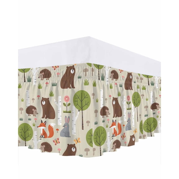 Cartoon Animals Ruffle Bed Skirt Queen Size Cute Cartoon Bear Fox Rabbit Hedgehog Animal Trees Grass Adjustable Elastic Dust Bed Skirts Wrap Around Bedskirt Wrinkle Free Easy Fit with 18 Inch Drop