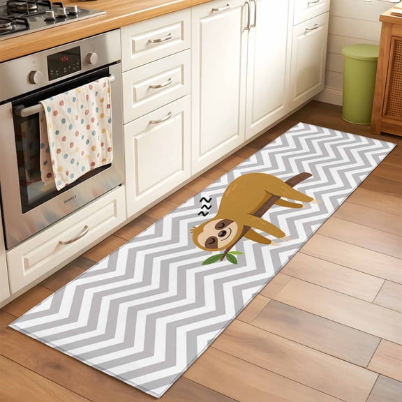 Cartoon Animals Runner Rugs 2x6 ft Brown Sleeping Lazy Sloths Grey Chevron Washable Hallway Rugs Non-Slip Floor Mats Absorbent Carpet Bedside Runners for Bedroom Kitchen Bathroom Laundry Room