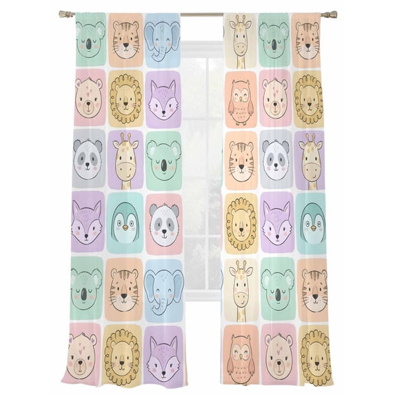 Cartoon Animals Sheer Curtains 2 Panels Set Tiger Koalas Elephant Lion Foxes Color Plaid Sheer Window Curtains Light Filtering Rod Pocket Voile Drapes for Bedroom Living Room 52"X84"