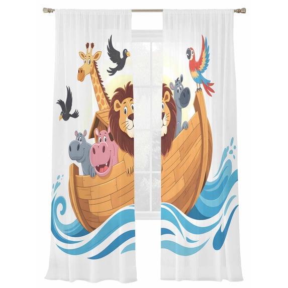 Cartoon Animals Sheer Curtains 84 Inch Long 2 Panels, Lion RescueBoat in Ocean Light Filtering Rod Pocket Semi Sheer Curtains, Sheer Voile Drapes for Living Room Bedroom, 52"x84"