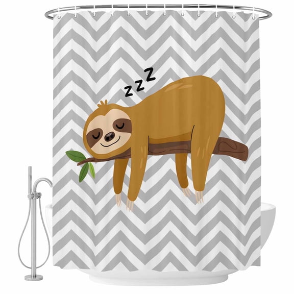 Cartoon Animals Shower Curtain for Bathroom, Brown Sleeping Lazy Sloths Grey Chevron Waterproof Cloth Fabric Bathroom Accessories Set with 12 Rust Proof Plastic Hooks, 72"x78"