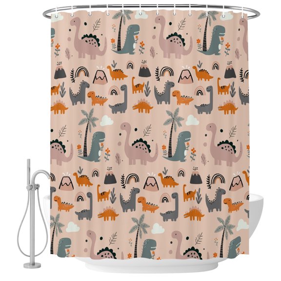 Cartoon Animals Shower Curtain Set - Small 36" x 72" Washable Bathtub Curtain with 12 Hooks, Funny Dinosaur Tropical Plants Orange Pink Waterproof Fabric Stall Shower Curtains for Bathroom Décor