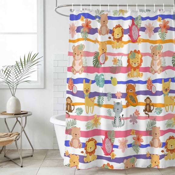 Cartoon Animals Small Stall Shower Curtain, Waterproof Shower Curtains for Bathroom, Funny Lions Camels Tropical Plants Washable Fabric Cloth Bath Curtain for Bathtub with Hooks 36x72 Inches