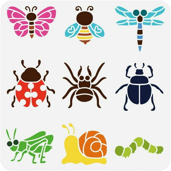 Cartoon Animals Stencil for Painting 11.8x11.8 inch Hollowed Butterfly Bee Dragonfly Ladybug Drawing Template Large Spider Scarab Cricket Snail Caterpillars Stencil for DIY Crafts