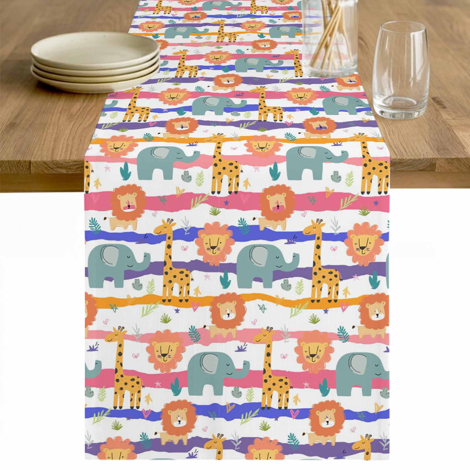 Cartoon Animals Table Runner - 48 Inch Long Funny Lions Giraffes ...
