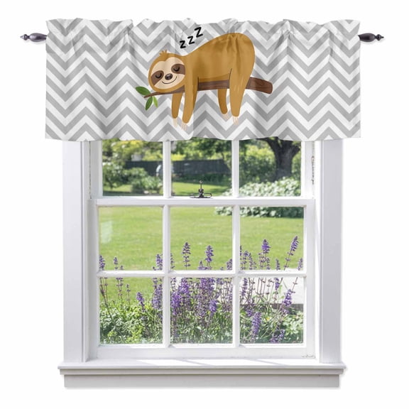 Cartoon Animals Valance Curtain 1 Panel, Brown Sleeping Lazy Sloths Grey Chevron Kitchen Valance with Rod Pocket Window Treatment Short Curtains for Bathroom Bedroom, 42 x 12 Inches