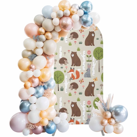 Cartoon Animals Wedding Arch Backdrop Cover 4FT ,Spandex Fitted Forest Bears Foxes Rabbits Wedding Arch Covers Round Top Chiara Arches Backdrop Stand Cover for Birthday Party Ceremony Banquet