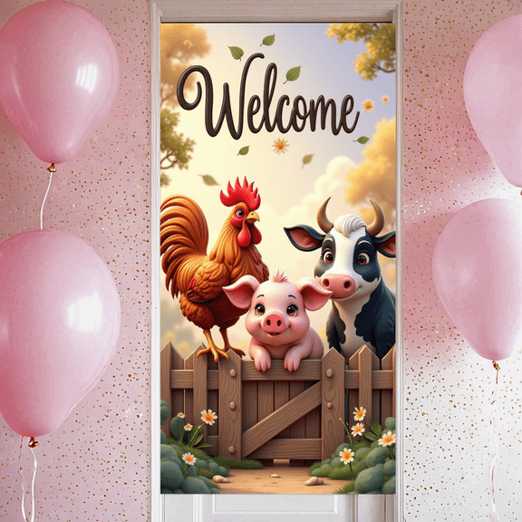 Cartoon Animals Welcome Banner Barnyard Fence Cute Pig for Farmers Market Kids Party Decor Family Gatherings Events