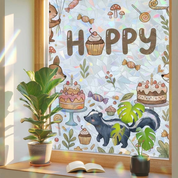 Cartoon Animals Window Privacy Film, Happy Cakes Deer Squirrels Hedgehogs Forests Candy Stained Glass Rainbow Film Decorative Window Clings, Static Cling Sun Blocking Stickers 17.7" x 39.3"