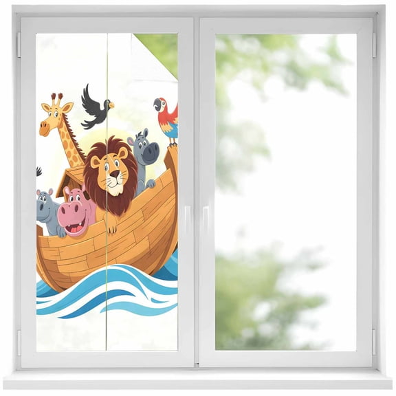 Cartoon Animals Window Privacy Film, Lion RescueBoat in Ocean Frosted Glass Window Clings Static Cling UV Heat Blocking Reusable Door Sticker for Bathroom 19.6 x 39.3 Inch