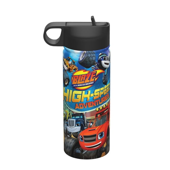 Cartoon Anime Blaze And The Monster Machines 18oz Insulated Stainless Steel Wide Mouth Water Bottle With Straw, Portable Leak Proof Drinking Bottle For Outdoor Office Travel School