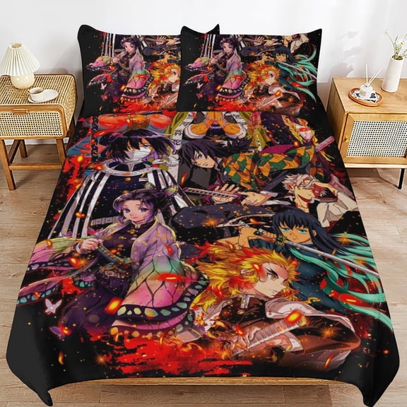 Cartoon Anime Demon Slayer Thickened Bed 3 Pieces Set With Pillow Shams for All Seasons 79"x90"