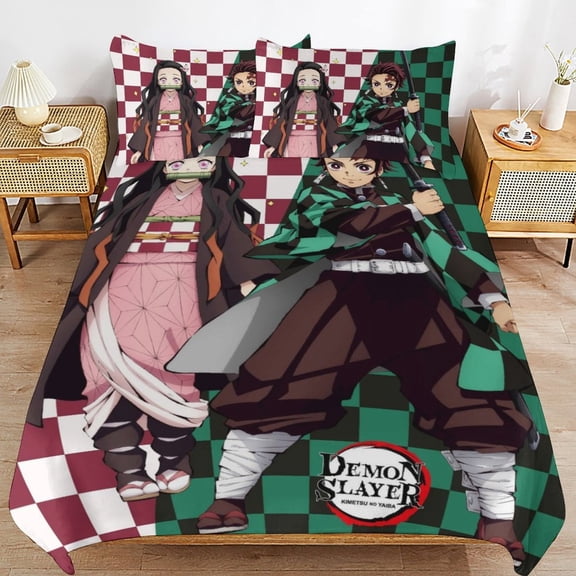Cartoon Anime Demon Slayer Thickened Bed 3 Pieces Set With Pillow Shams for All Seasons 79"x90"