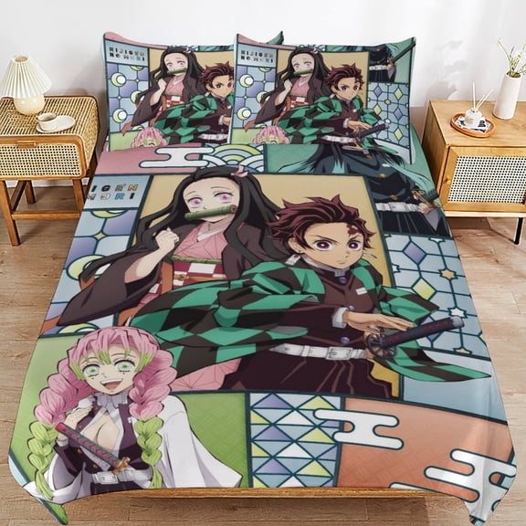 Cartoon Anime Demon Slayer Thickened Bed 3 Pieces Set With Pillow Shams for All Seasons 79"x90"