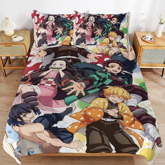 Cartoon Anime Demon Slayer Thickened Bed 3 Pieces Set With Pillow Shams for All Seasons 90"x90"