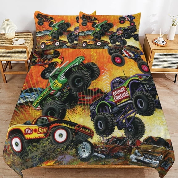 Cartoon Anime Monster Truck Jam Thickened Bed 3 Pieces Set With Pillow Shams for All Seasons 79"x90"