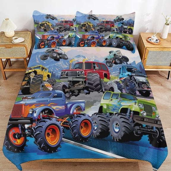 Cartoon Anime Monster Truck Jam Thickened Bed 3 Pieces Set With Pillow Shams for All Seasons 79"x90"