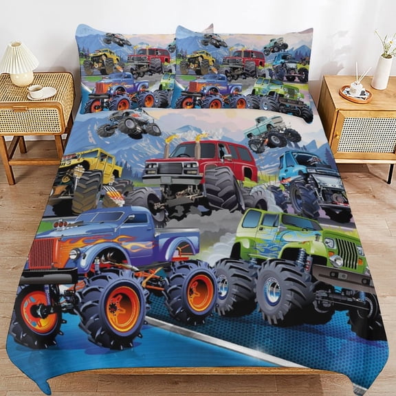 Cartoon Anime Monster Truck Jam Thickened Bed 3 Pieces Set With Pillow Shams for All Seasons 90"x90"