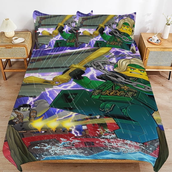 Cartoon Anime Ninjago Cartoon Thickened Bed 3 Pieces Set With Pillow Shams for All Seasons 86"x70"