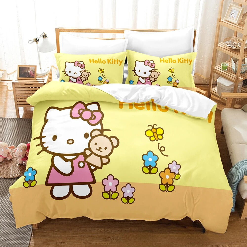 Cartoon Anime Sanrio Bedding Set Kawaii Hello Kitty Quilt Cover Duvet