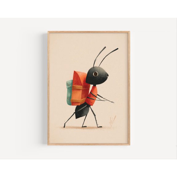 Cartoon Ant With Backpack Poster, Nursery Wall Art, Unframed Canvas Size 8x12