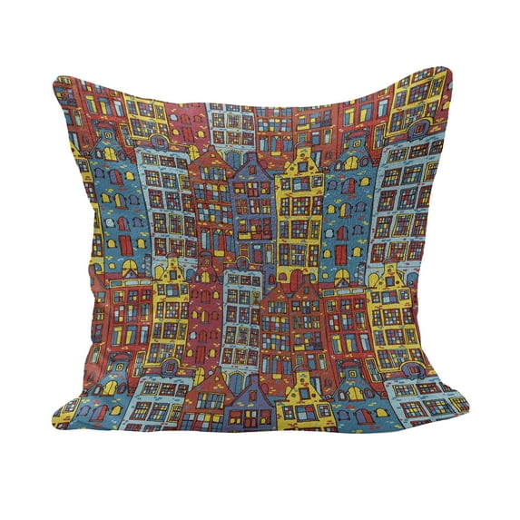 Cartoon Apartments Fluffy Throw Pillow Cushion Cover, Amsterdam Holland Cityscape Urban Sketch with Colorful Windows Print, Decorative Square Accent Pillow Case, 36" x 36", Multicolor, by Ambesonne