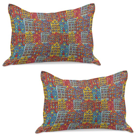 Cartoon Apartments Knitted Quilt Pillowcover Set of 2, Amsterdam Holland Cityscape Urban Sketch with Colorful Windows Print, Standard Queen Pillow Sham Bedroom, 30" x 20", Multicolor, by Ambesonne
