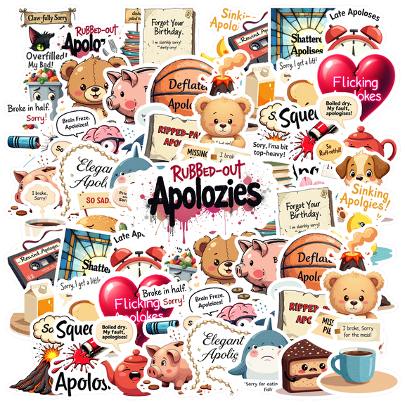 Cartoon Apology Theme Stickers, Waterproof Apology Theme Sticker for Water Bottle Laptop Phone Cases Planner Skateboard Luggage Helmet Party Favor Decor, Ideal for Adults Teens Teacher Rewards