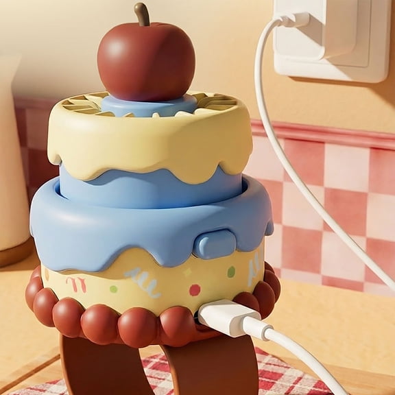 Cartoon Apple Cake Handheld Fan with 3 Speeds Foldable Wrist Strap USB Rechargeable Portable Cooler 8cm (3.1 Inch)