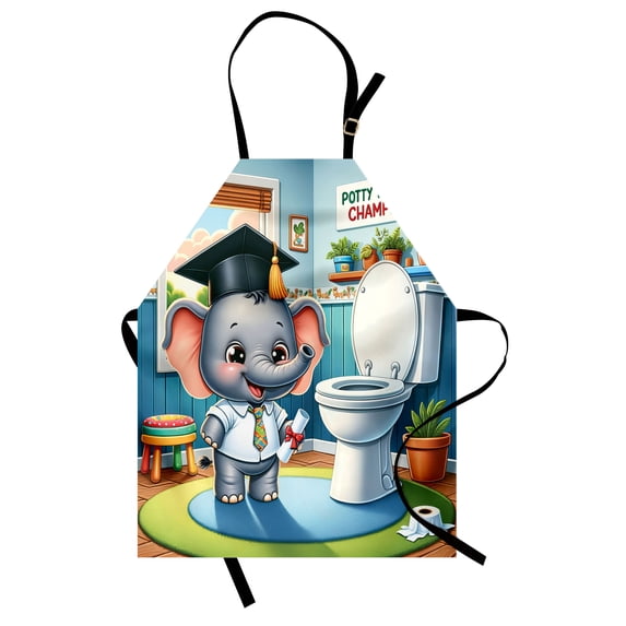 Cartoon Apron, Potty Training Champion Lettering Funny Toilet Scene with Happy Elephant, Unisex Kitchen Bib with Adjustable Neck for Cooking Gardening, Adult Size, Purpleblue Multicolor, by Ambesonne