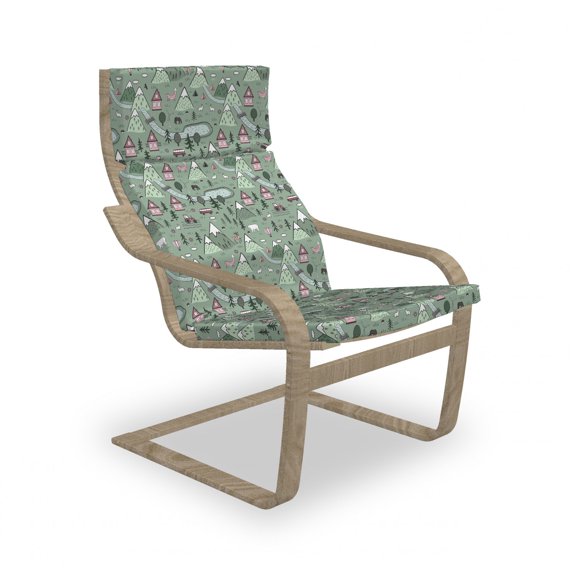Cartoon Armchair Pad and Slipcover, Mountain Town Drawing Fox Horse Trees Nordic Nature Village, 1 Piece Soft Cushion Replacement with Removable Cover, Laurel Green Pale Pink, by Ambesonne