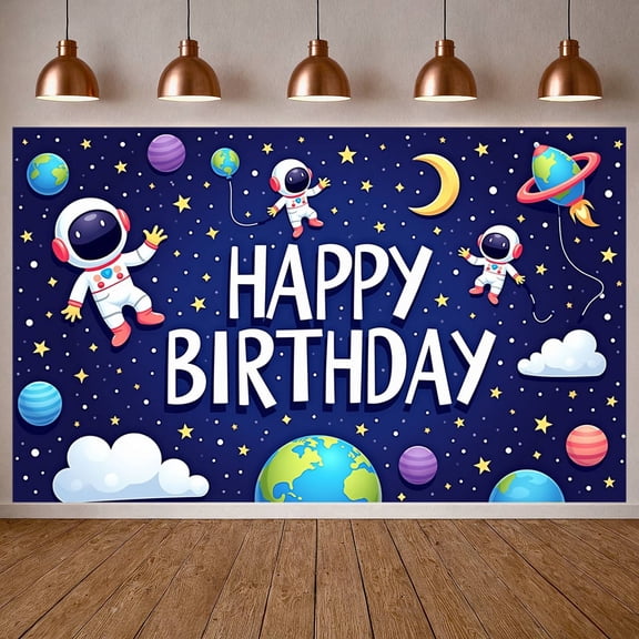 Cartoon Astronaut Banner Colorful Planets Space Party Backdrop Starry Sky Moon Design Galaxy Birthday Background for Kids Birthday Party Space Theme Party Photo Shoot Backdrop
