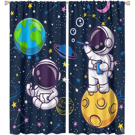 Cartoon Astronaut Curtains for Kids, Funny Spaceman with Earth Moon Window Treatments for Boys Bedroom Planet Outer Space Starry Star Window Drapes for Girls Playroom Living Room 84x84in