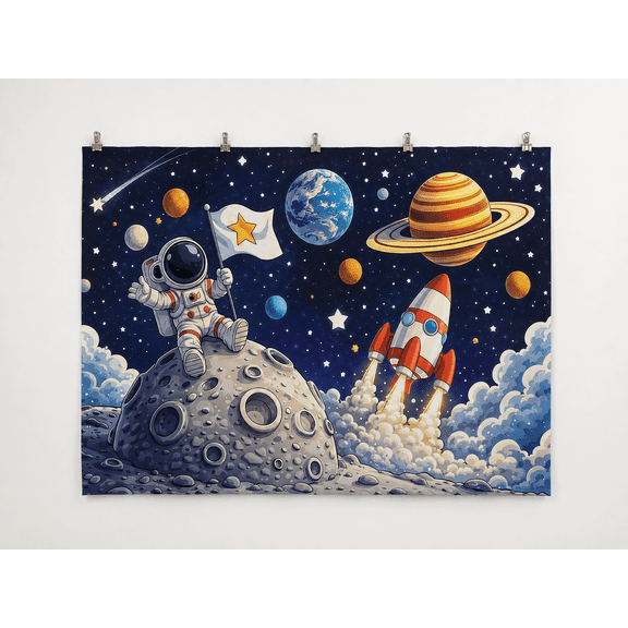 Cartoon Astronaut Rocket and Planets Backdrop, 244 x 183 cm