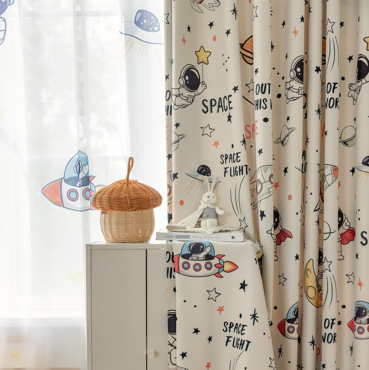 Cartoon Astronaut Semi Blackout Curtains for Kids Room Nursery Space Planets Patterns Printed ...
