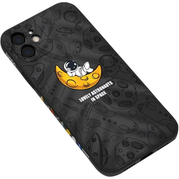 Cartoon Astronaut Side Print Planet Background Pattern Black Phone Case, Shockproof Silicone Soft Case for iPhone 12 Pro