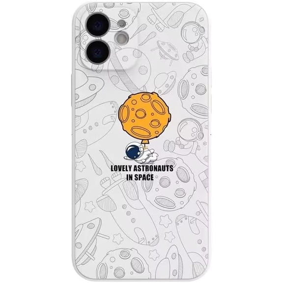 Cartoon Astronaut Side Print Planet Background Pattern White Phone Case, Shockproof Silicone Soft Case for iPhone 11