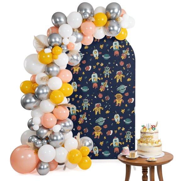 Cartoon Astronauts Arch Backdrop Cover 4FT Cute Rockets Watercolor Planet Graffiti Star Black Spandex Fitted Arch Covers Stretchy Backdrop Decoration for Wedding Birthday Graduation Party